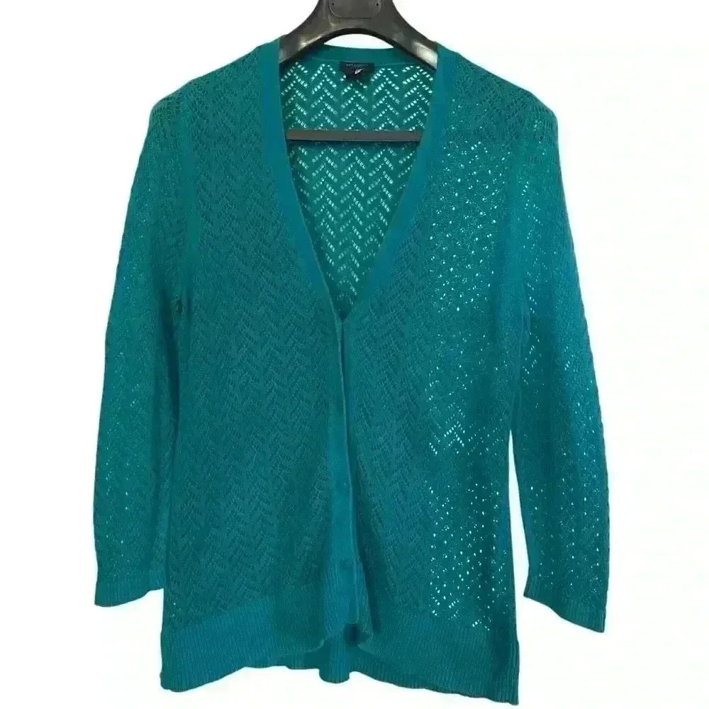 Ann Taylor Open Knit Crochet Cardigan Size L Teal V neck Lightweight Casual Fall - Picture 8 of 9
